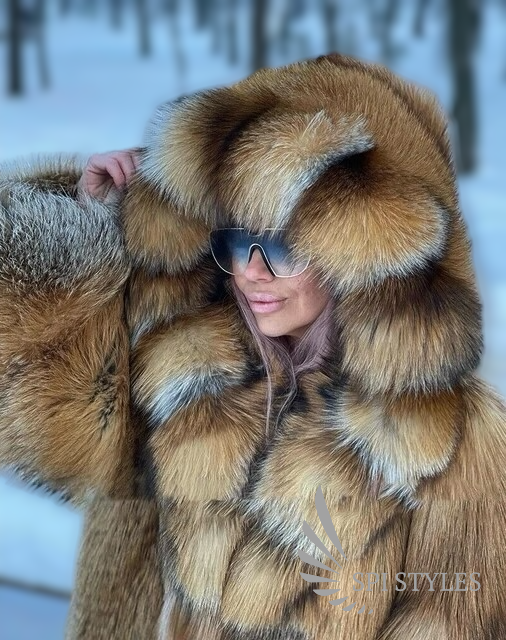 Red fox fur coat with hood on sale