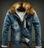 SPI Styles Men's Faux Fur Collar Fleece Lined Distressed Denim Jacket
