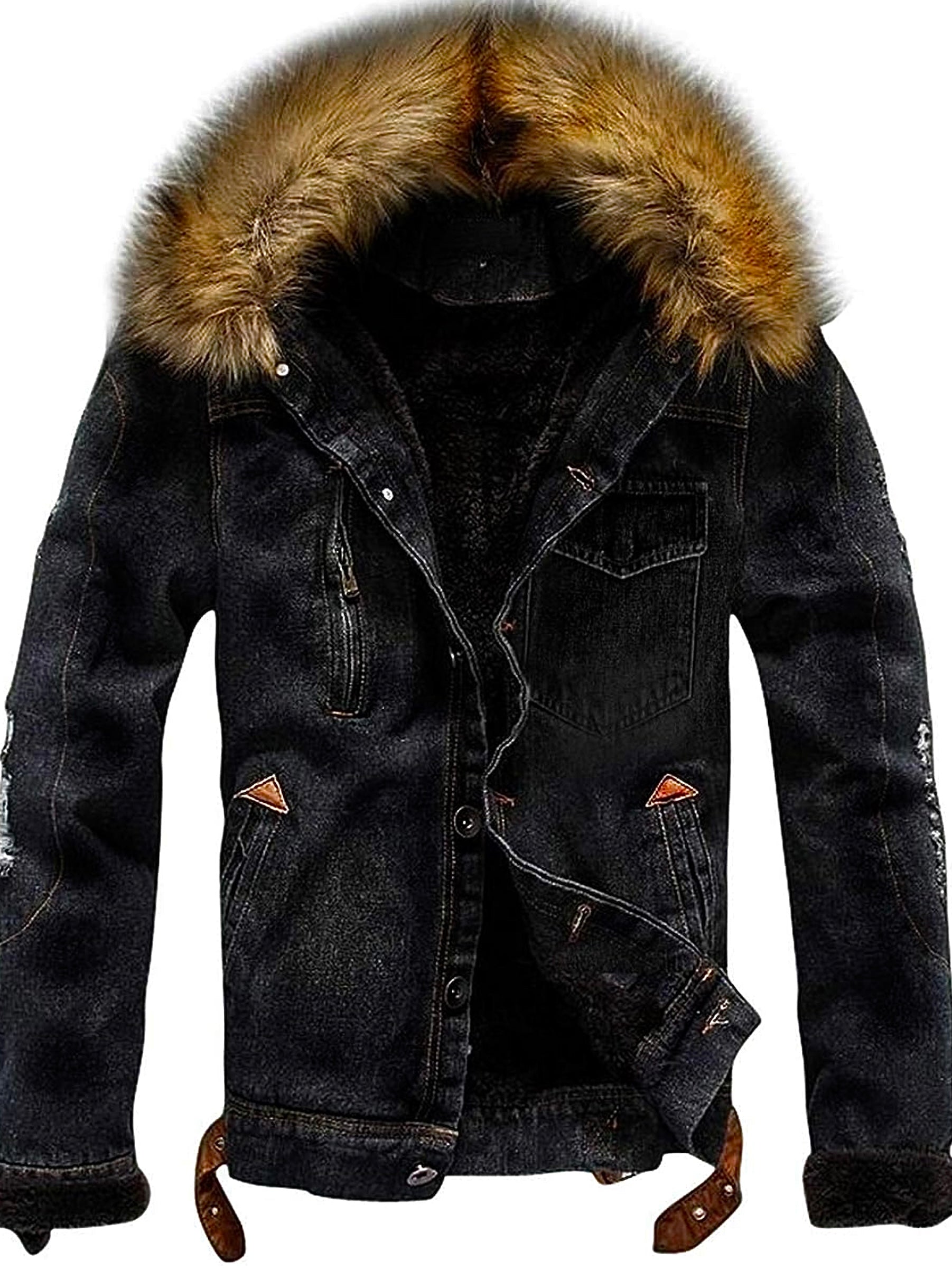 Fleece Lined Denim Black Jean Jackets With Fur SPI Styles Men's