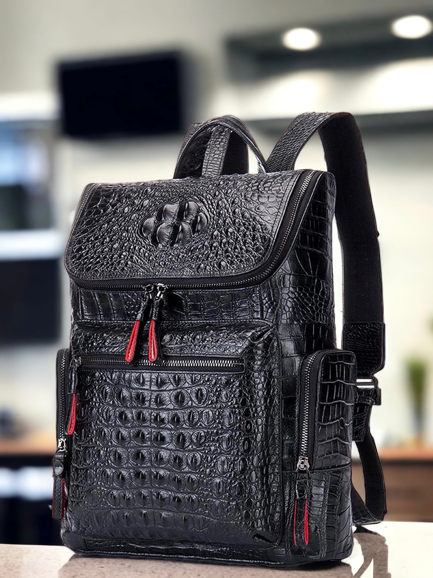 SPI Styles’s Leather Laptop Backpack, Travel Bag Daypack for Men, Crocodile Pattern