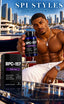 A shirtless man on a yacht holds a bottle of BPC-157 supplements in front of a city skyline. A product box for BPC-157 is shown in the foreground, with the brand name SPI STYLES displayed at the top.