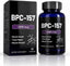 A bottle and box of BPC-157 dietary supplement, 1000 mcg, with 60 capsules. The packaging features a black background with white text and a purple accent bar.