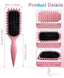Pink hairbrush with product details and features on a white background