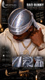 A man wearing a metallic silver durag headwrap with a silver sequin pattern, styled with a gold chain necklace and gold watch. The image is a promotional graphic for 'SPI STYLES' showing the 'Bad Bunny' silver pearl durag.