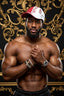 Muscular man wearing a cap and watch against an ornate gold and black background