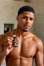Man holding a bottle of hair oil in a bathroom setting