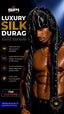 A promotional graphic for a black silk durag with silver rhinestone accents, shown worn by a shirtless male model. The left side features text and icons describing the product features: 'Luxury Silk Durag', 'Elevate Your Waves', 'Premium Silk', 'Wave Protection', 'Black Diamonds', and 'Long Tails'.