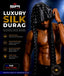 A shirtless male model wearing a black silk durag with silver rhinestone-like studs and long tails, posed against a dark blue gradient background. Large text on the left reads 'LUXURY SILK DURAG' with feature callouts, and the SPI Styles brand logo appears at the top and in a circular badge at bottom right.