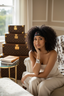 Woman sitting on a couch with Louis Vuitton trunks in the background