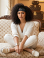 Woman sitting on a patterned couch wearing a branded headband and shoes.