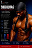 A promotional graphic for an SPiSTYLES Silk Durag, featuring a muscular man wearing the black satin headwrap. The left side contains product details, including text about wave compression, premium silk material, and a list of features, alongside color options shown at the bottom left.