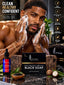 A man with soap lather on his face and hands is shown in a bathroom-like setting while the product box and bottle for SPISTYLES Raw Organic African Black Soap are displayed in the foreground. The image includes marketing text and icons about deep cleansing and natural care.