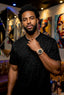 Man wearing a black polka dot shirt and watch in an art gallery setting