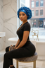 Woman wearing a blue hair cap sitting on a chair in a modern interior setting.