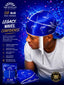 A man wearing a blue satin compression wig band with white printed branding and a white comb attached, shown against a dark blue graphic background. The image includes product text, a small pack of the blue silk durag, and a badge reading trusted by 360 waves worldwide.