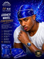 A man wearing a blue patterned compression silk durag headwrap and a matching folded pack is shown against a blue, starry graphic background. The brand SPI STYLES is visible at the top left, along with text highlighting '06 BLUE SILK DURAG' and product features.
