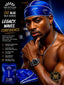 A shirtless man wearing a blue bandana-style hair wrap and matching packaged SPI STYLES OG Blue Silk Durag is shown against a dark blue promotional background with product text and a small pack of the durag visible in the lower left.