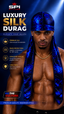 A shirtless man wearing a blue and black patterned luxury silk durag with long tails, posed against a dark blue spotlighted background with promotional text for SPI Styles.