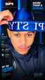 A close-up lifestyle shot of a man wearing a blue silk durag headwrap with white lettering, adjusting it with his hand. The background is dark blue with promotional text for SPI Styles.