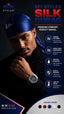 A promotional graphic for an SPI Styles Silk Durag, featuring a male model wearing a dark blue satin headwrap. The graphic includes product features, benefits, and available color swatches on a dark background.