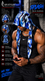 A muscular man wearing a blue and white camouflage-patterned silk durag headwrap, shown in a lifestyle promotional graphic with product views, feature callouts, and branding for SPI STYLES.