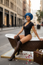 Woman in a black bodysuit and blue headscarf sitting in a bathtub on a city street.