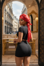 Woman wearing a red headscarf and black outfit in an elegant interior setting with gold accents.