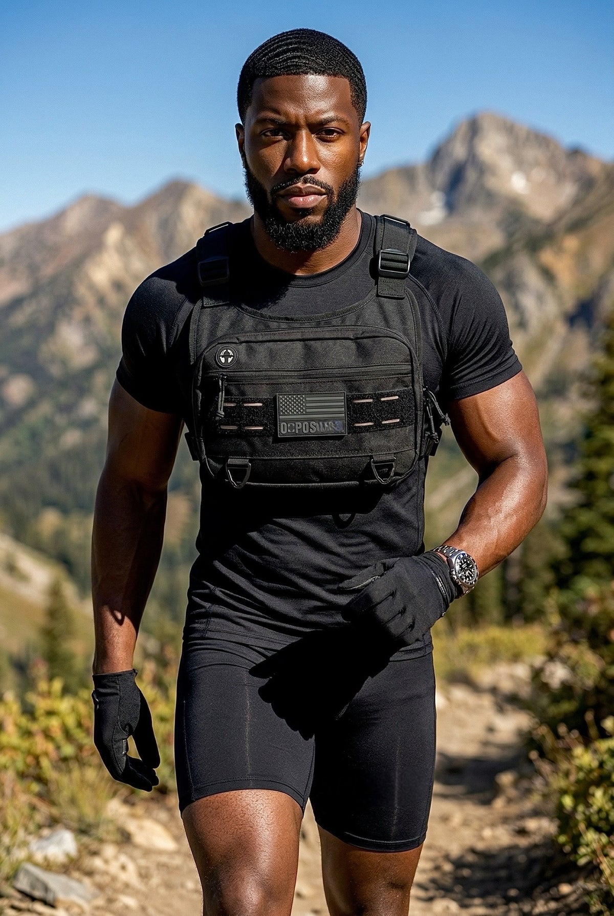 Man in tactical gear standing in a mountainous landscape