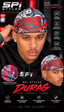 A promotional graphic for the SPI Styles Durag, featuring a male model wearing the red, black, and gray patterned durag. The image includes multiple views of the model wearing the product, a close-up of the patterned fabric, and various feature callouts on a black background with red and white text.