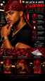 A promotional graphic for a black and red checkered chess-patterned silk durag headwrap, shown on a male model in a dimly lit setting. The image includes text highlighting product features such as premium silky fabric, superior compression, moisture retention, and a universal fit, along with front, side, and back view insets.