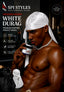 A shirtless man wearing a white durag and holding a jar of hair product, with a small inset showing the product packaging. Text on the left reads 'SPI STYLES' and 'CRUSHED VELVET WHITE DURAG'.