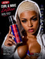 A woman in a white hoodie holds up a bottle of SPI STYLES Curl & Wave Lather against a dark background with promotional text and feature icons.