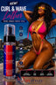 SPI Styles Curl & Wave Lather bottle shown next to a woman in a pink and yellow bikini posing on a beach, with promotional text and feature icons.