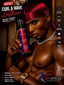 A shirtless man wearing a shiny red headwrap holds a bottle of SPI STYLES Curl & Wave Lather. The image is a promotional ad with text highlighting product benefits and features on a dark, warm-toned background.