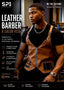 A man wearing a brown leather barber and salon vest over a black t-shirt, standing in a barbershop environment. The image is a promotional graphic for SPI Styles Leather Barber & Salon Vest, featuring product text, icons, and branding.