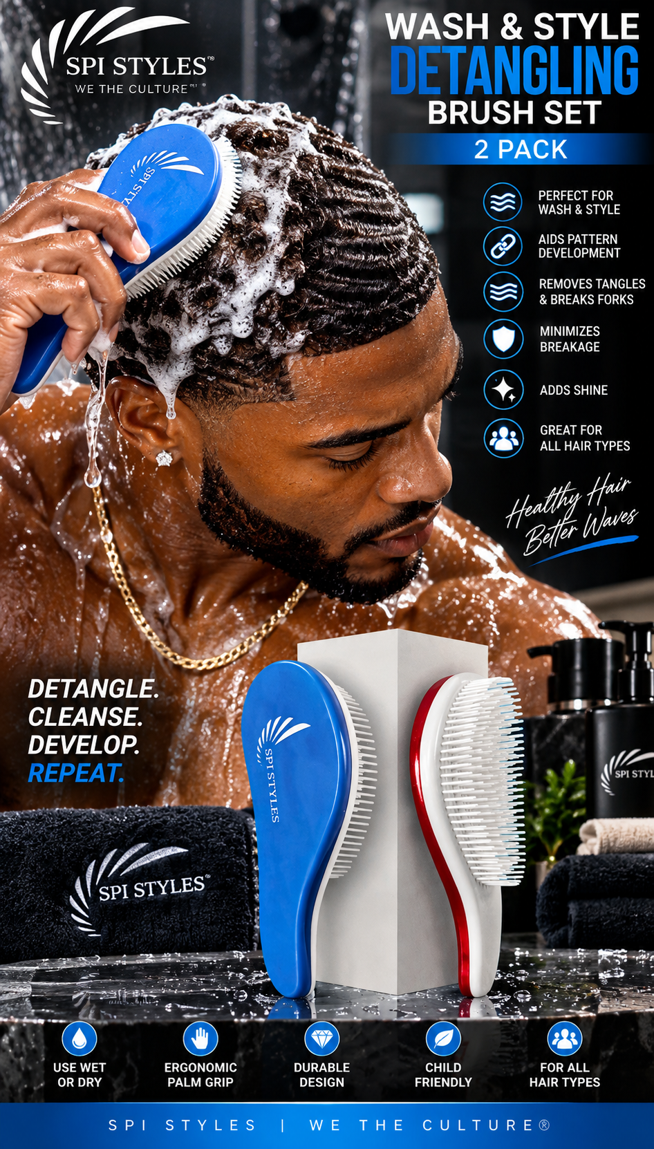 A promotional graphic for an SPI Styles Wash & Style Detangling Brush Set showing a man washing his hair with a blue brush, alongside two brush products in the foreground: one blue and one red, on a dark branded background with text callouts.