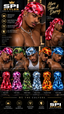 Promotional graphic for SPI Styles Premium Silk Durags, featuring multiple male models wearing different colorful patterned headwraps, with text highlighting product features and color options.