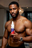 Muscular man holding a bottle of RevivaLysin hair and scalp product indoors.