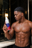 Man holding a bottle of hair product in a bathroom setting