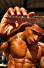 A close-up lifestyle shot of a muscular, glistening man holding a metallic bronze comb with 'SFI STYLES' printed on it. The background is a dark, blurred gym environment.