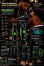 A promotional infographic for a professional hair clipper set, featuring three black and green cordless clippers with detailed specifications, feature icons, and lifestyle photos of men getting their hair trimmed.