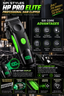 HP Pro Elite professional hair clipper in black and green, shown on a dark marble background with promotional text and feature icons highlighting six core advantages.