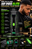 A promotional graphic for the SPI Styles SPi PRO ELITE professional T-blade trimmer. The image features a man on the right side, and the product itself is shown in the center with various feature callouts and dimension lines.