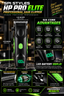 A promotional infographic for the SPI Styles HP Pro Elite professional hair clipper. The clipper itself is black with bright green accents, including a green power button and a green LED battery display showing '100%'.