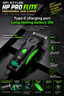 HP Pro Elite professional hair clipper shown on a dark textured background with promotional text and feature icons. The clipper is black with bright green accents, including a green power button and green digital display.
