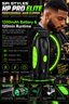 A promotional graphic for the SPI Styles HP Pro Elite professional hair clipper, featuring a man wearing a black beard and a black shirt holding the clipper. The clipper is black with bright green illuminated accents and a green LED ring.