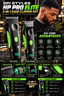 A promotional graphic for an HP Pro Elite 2-in-1 hair clipper set, showing two black clipper units with bright green accents, a close-up of a bearded man wearing a braided hairstyle, and multiple feature callouts including six core advantages, hair clipper, and T-blade trimmer details.