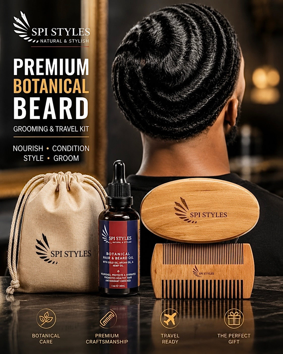 A grooming and travel kit for a botanical beard by SPI STYLES, shown with a man from behind wearing a styled beard. The kit includes a wooden beard comb, a wooden beard oil bottle, a beige drawstring pouch, and a dark bottle, arranged on a dark reflective surface with promotional text on the left.