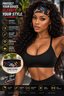 A woman wearing a black athletic headband with a colorful geometric pattern and the text 'SOY STYLES LOGO' models the product in a gym setting. The image includes marketing text, icons, and a circular inset showing the headband's design details.
