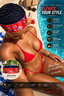 A woman in a red bikini lounging by a pool wearing a colorful patterned reusable headband. The image includes marketing text and feature callouts for the headband, with an inset showing the headband alone.